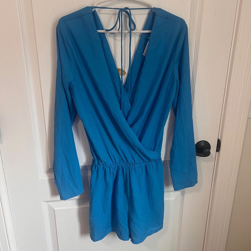 Three Eighty Two Blue Long Sleeve Wrap Romper Ope… - image 6